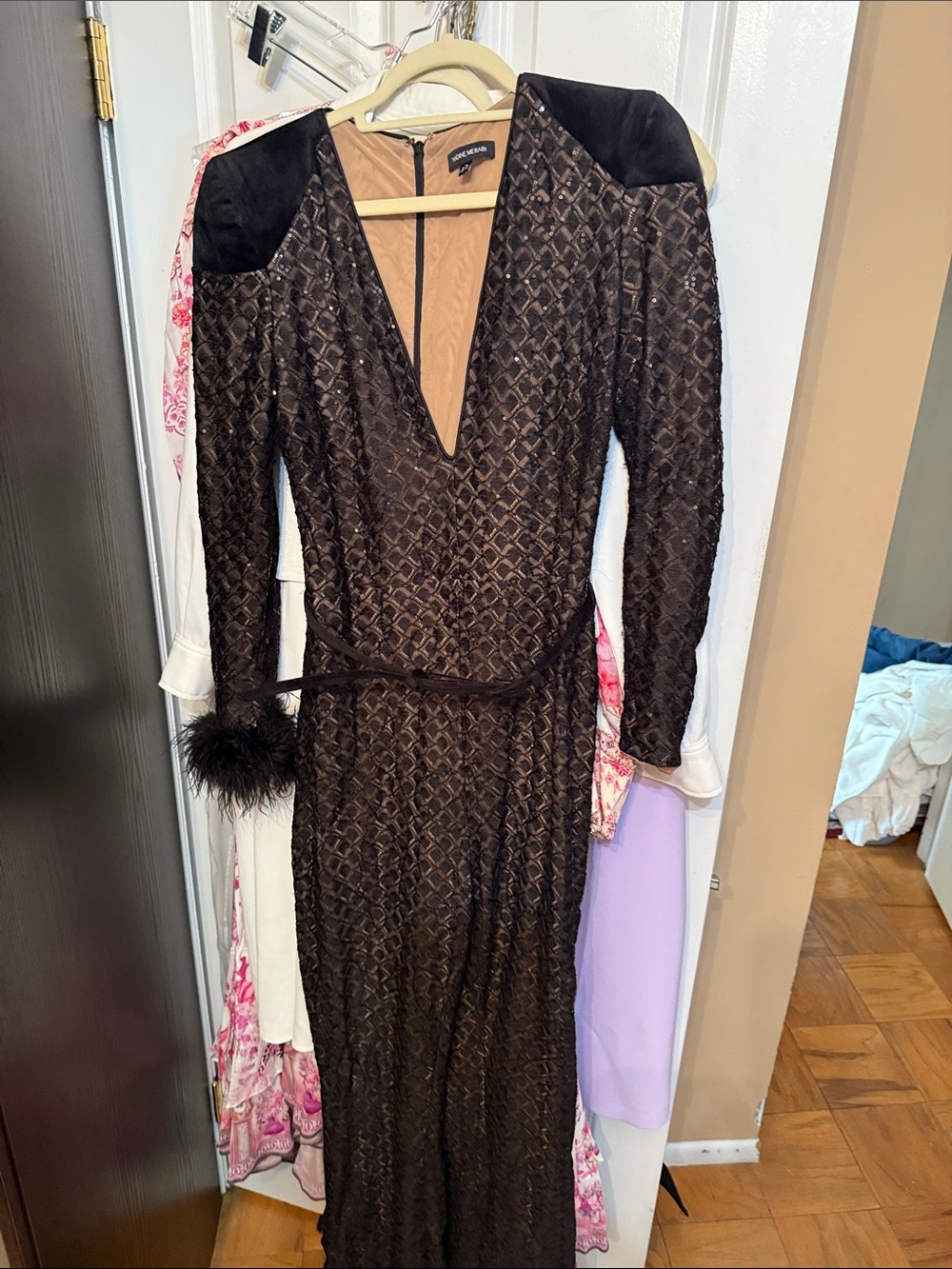 NADINE MERABI Black Textured Deep V Long Sleeve Evening Dress with Feather Cuffs